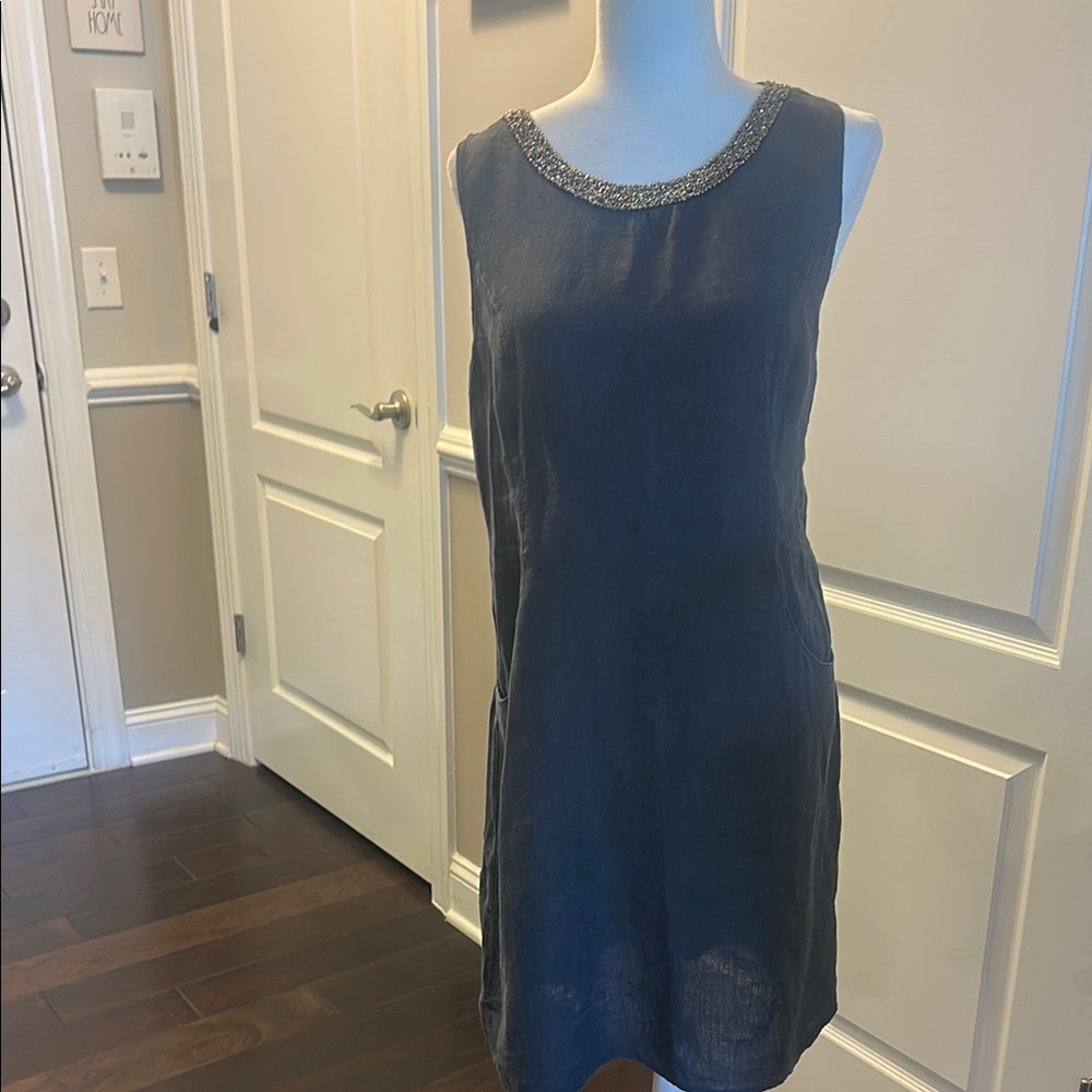 Blue Pleated Mini Sheath Dress 100% Linen made in Italy